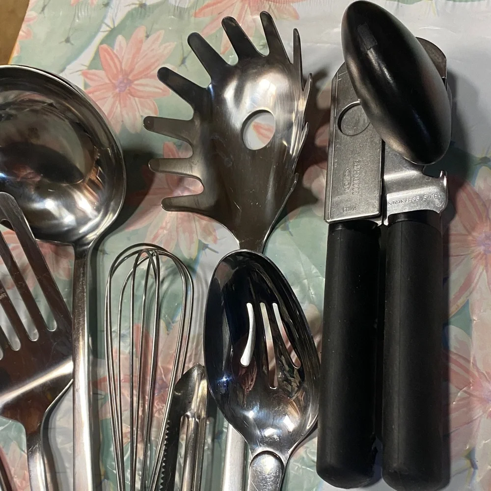 Elegant Silver and Black Kitchen Utensil Set Whisk Spatula Grater Can Opener